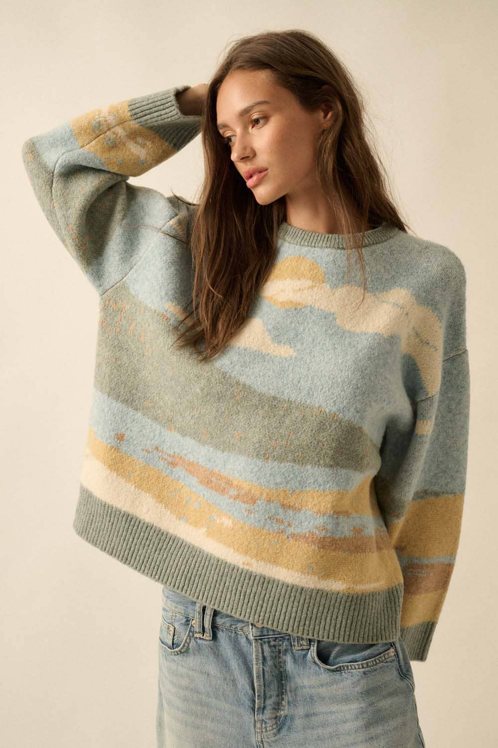 Beach Landscape Jacquard-Knit Sweater: Blue LU