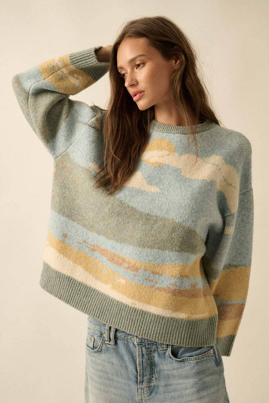 Beach Landscape Jacquard-Knit Sweater: Blue LU