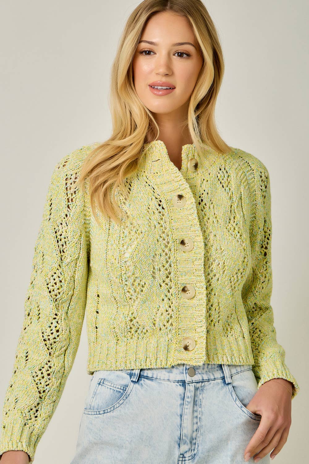 Multicolor Cable Knit Cardigan: Yellow HP