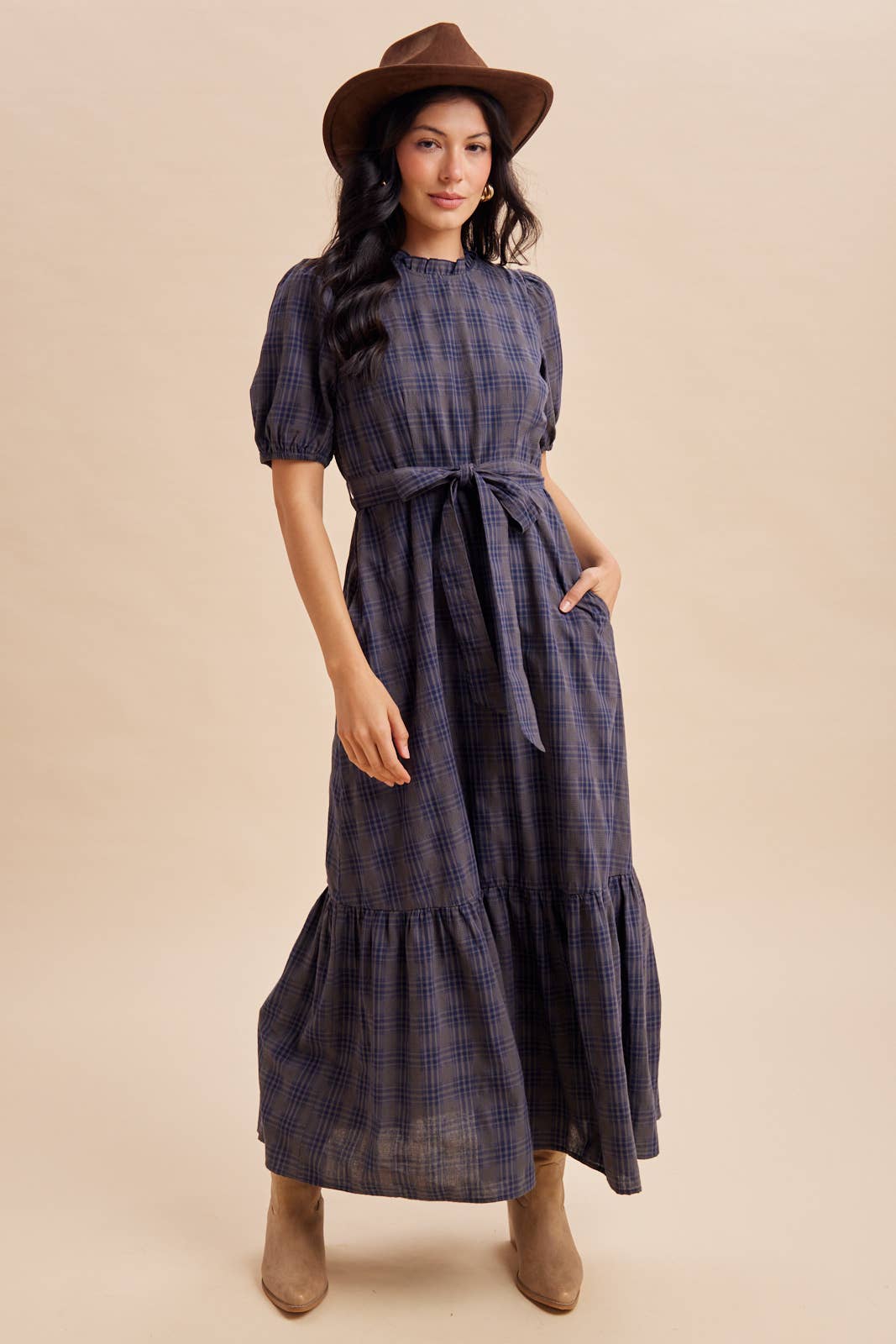 PLAID MAXI DRESS: NAVY STORM