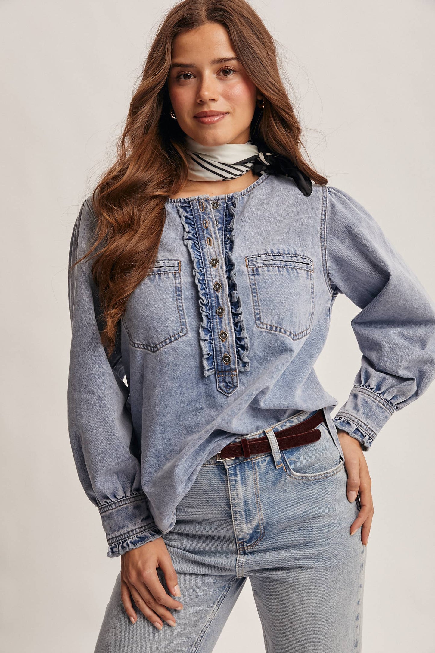 Ruffle Trim Denim Blouse:Cloud Wash