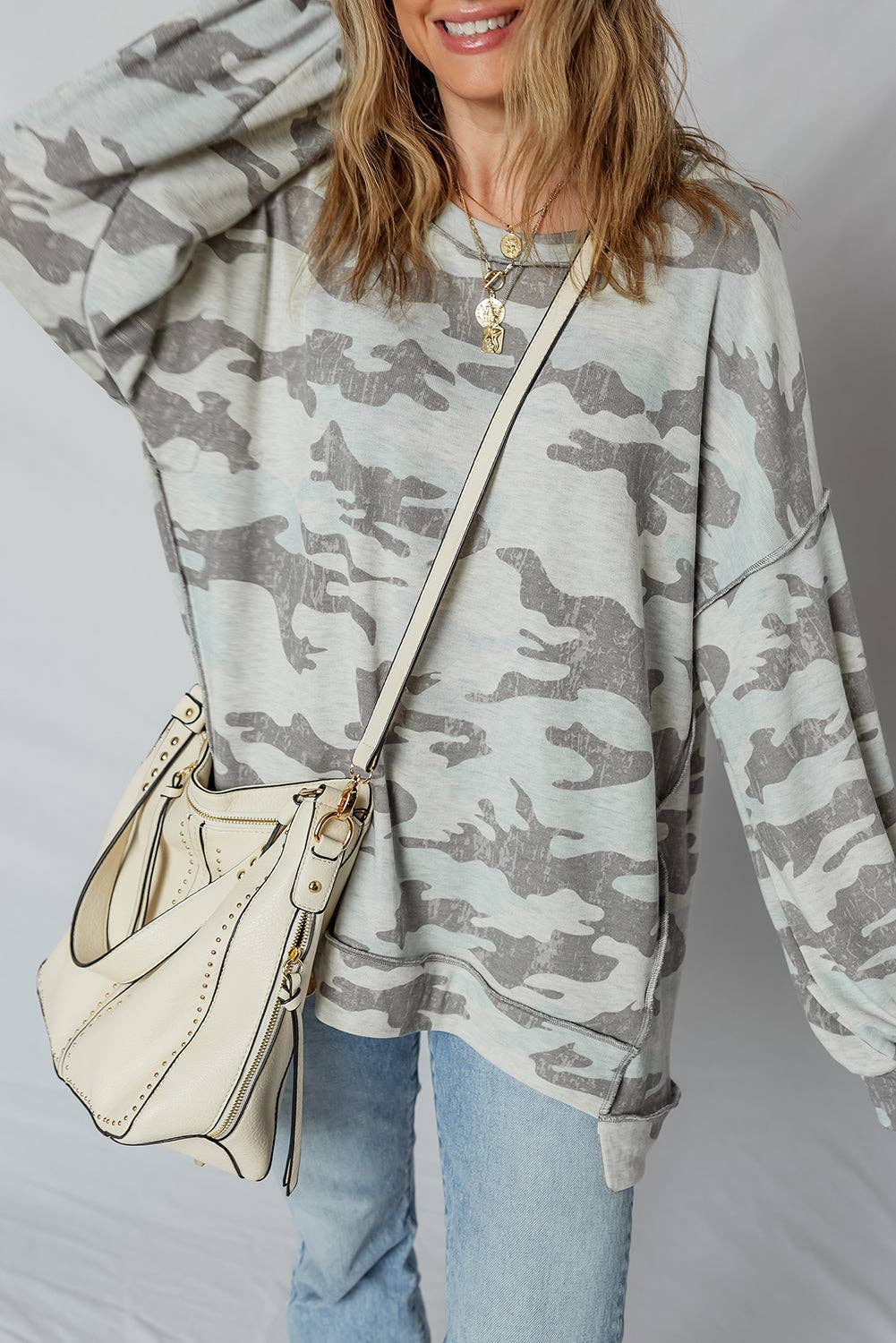 Retro Camouflage Exposed Seam Sweatshirt: Multicolor
