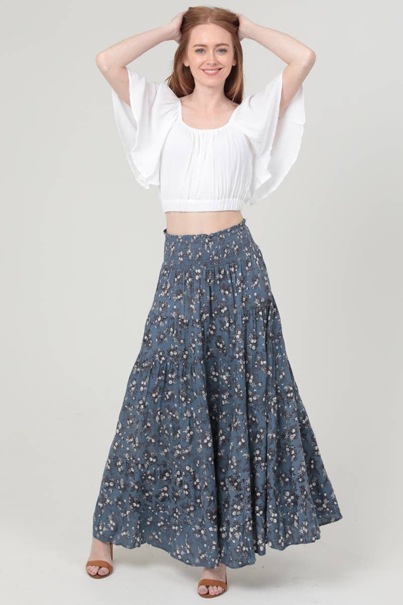 Ditsy Print Smocked Waist Tiered Maxi Skirt: Blue