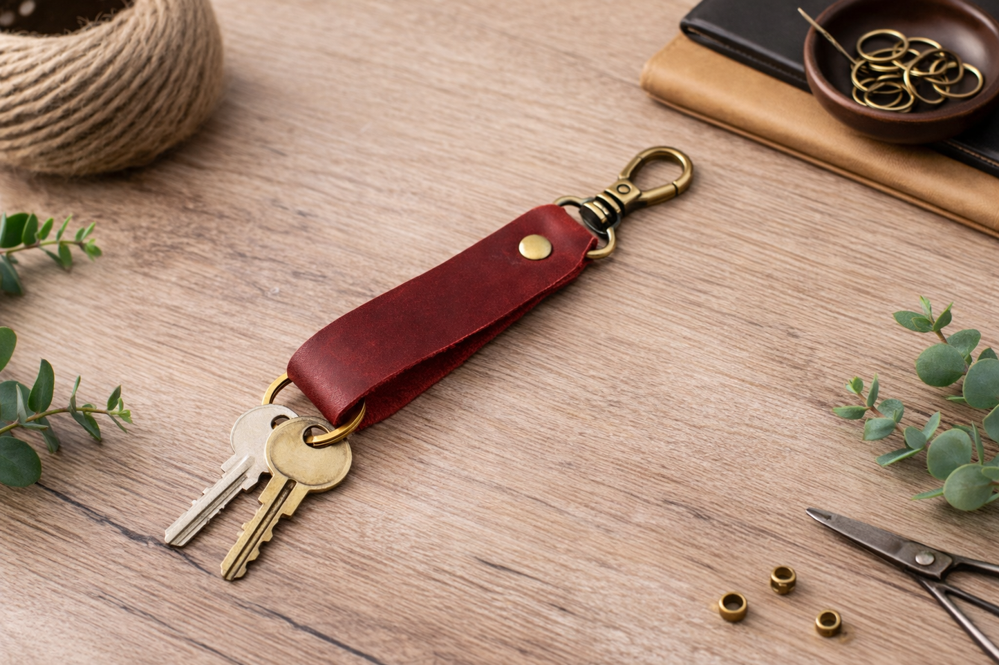 Genuine Leather Keychain, Keychain RIng, Handmade Key Tag: Green