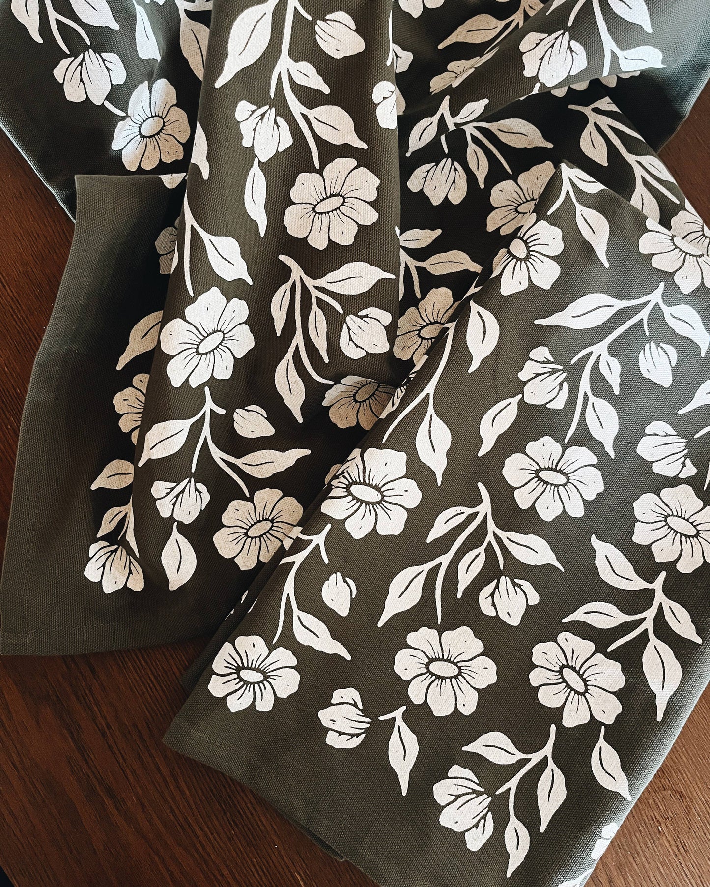 Organic Cotton Tea Towel Floral on Olive
