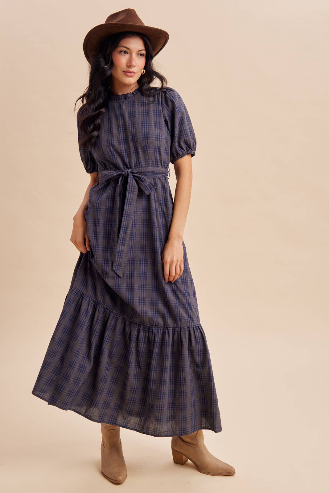 PLAID MAXI DRESS: NAVY STORM