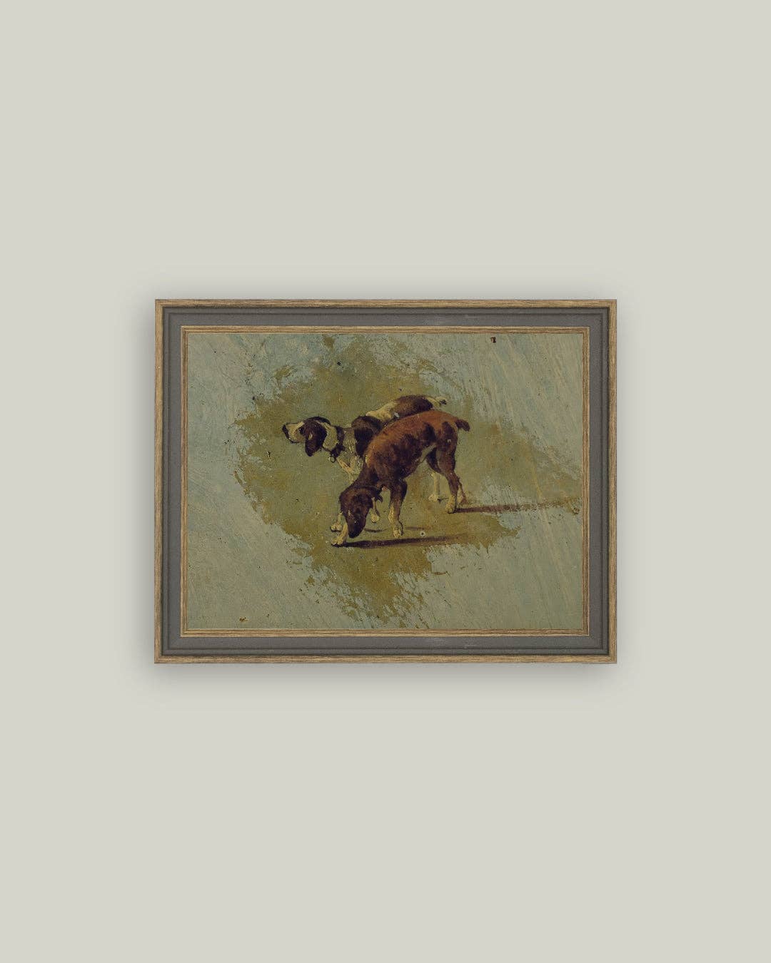 Two Dogs Framed Antique Art: 9x7