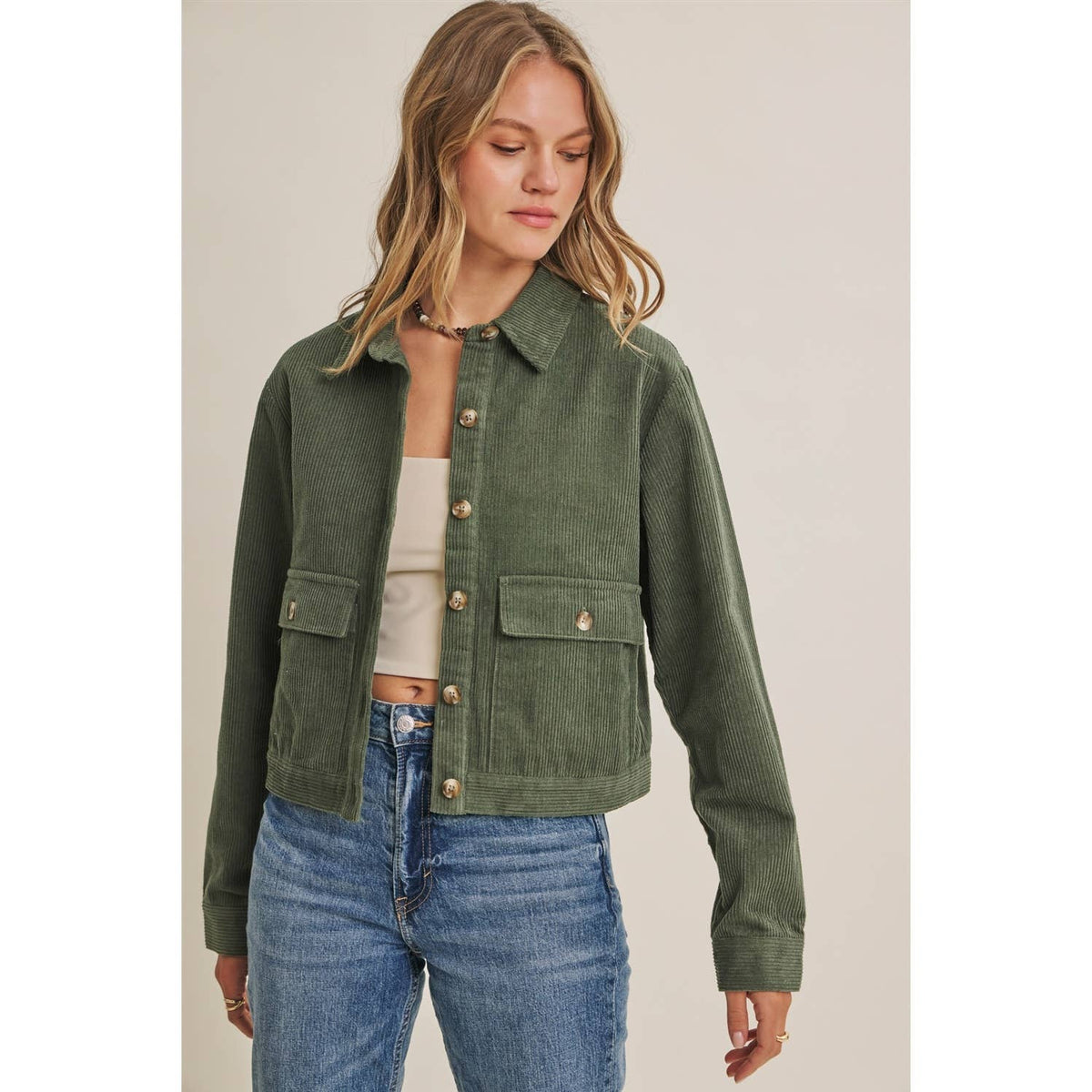 THE WEEKEND ESCAPE COTTON CORDUROY CROPPED JACKET: OLIVE
