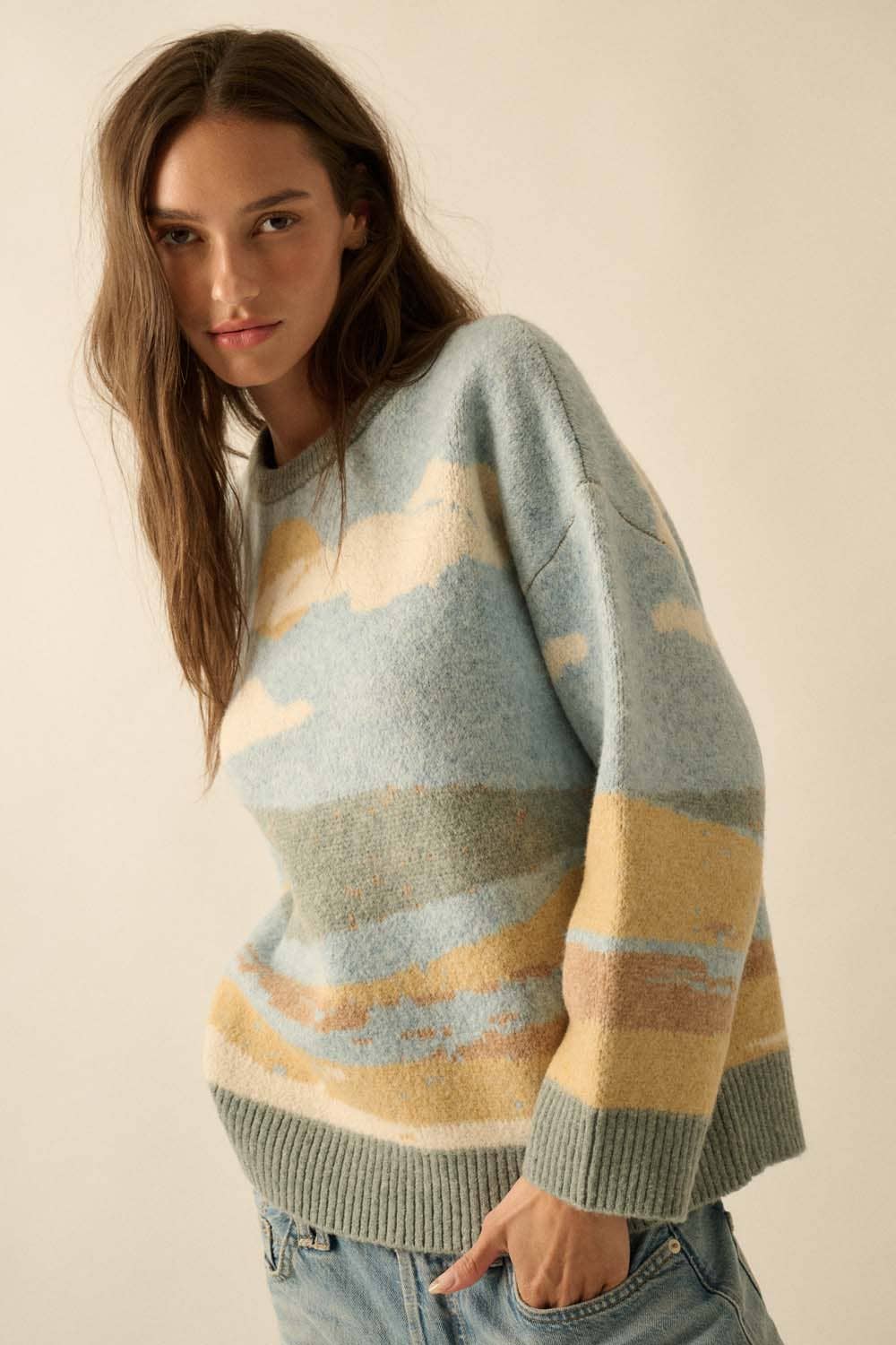 Beach Landscape Jacquard-Knit Sweater: Blue LU