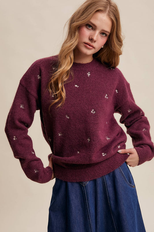 Embroidered Dot Knit Sweater Plum HP