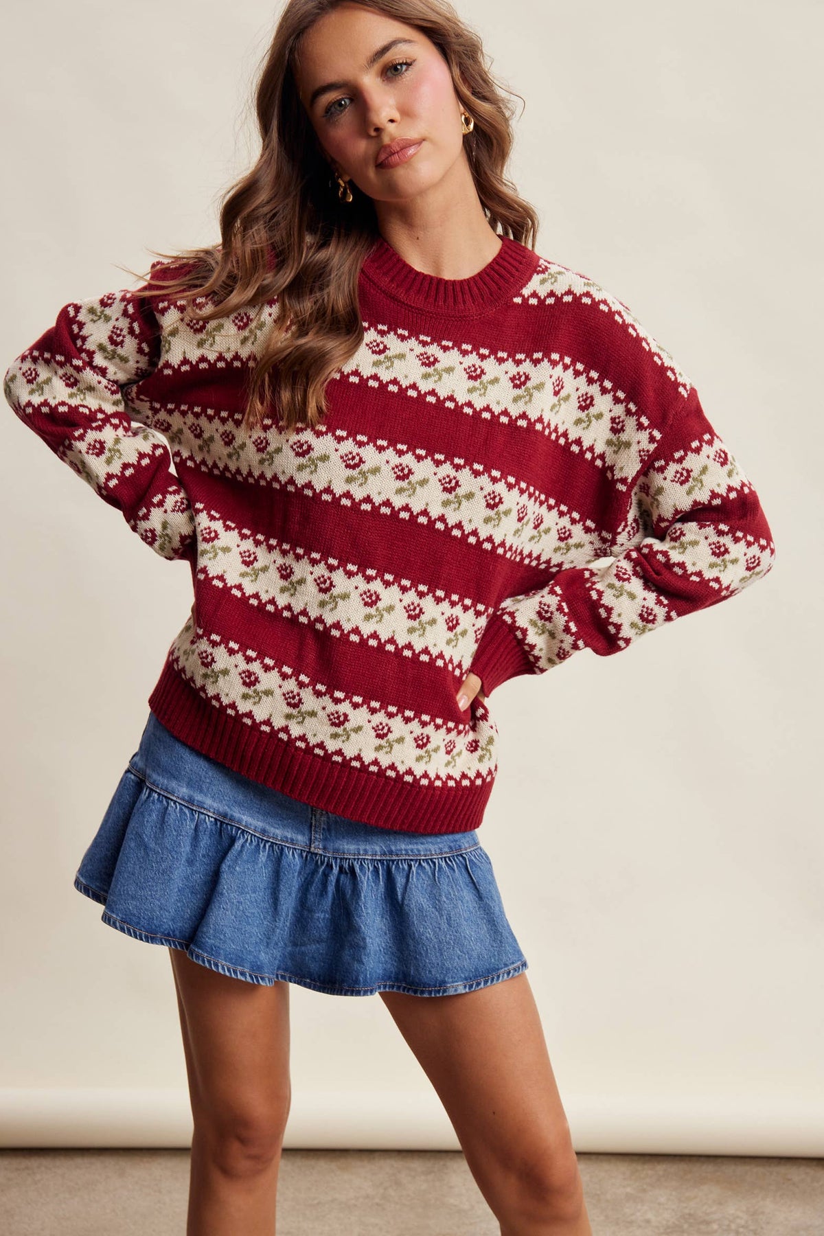 Floral Fair Isle Knit Sweater/Ruby