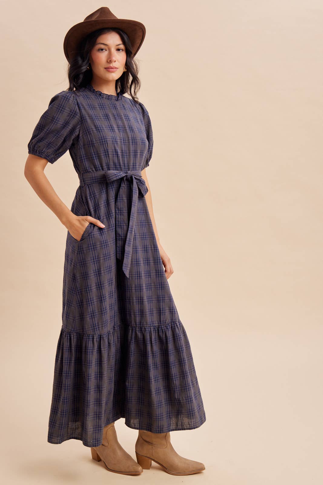 PLAID MAXI DRESS: NAVY STORM