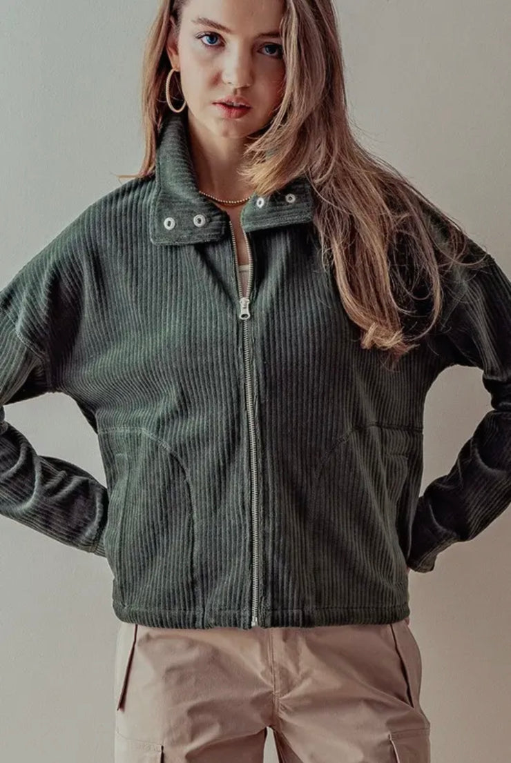 High Button Collar Corduroy Jacket in Forest Green