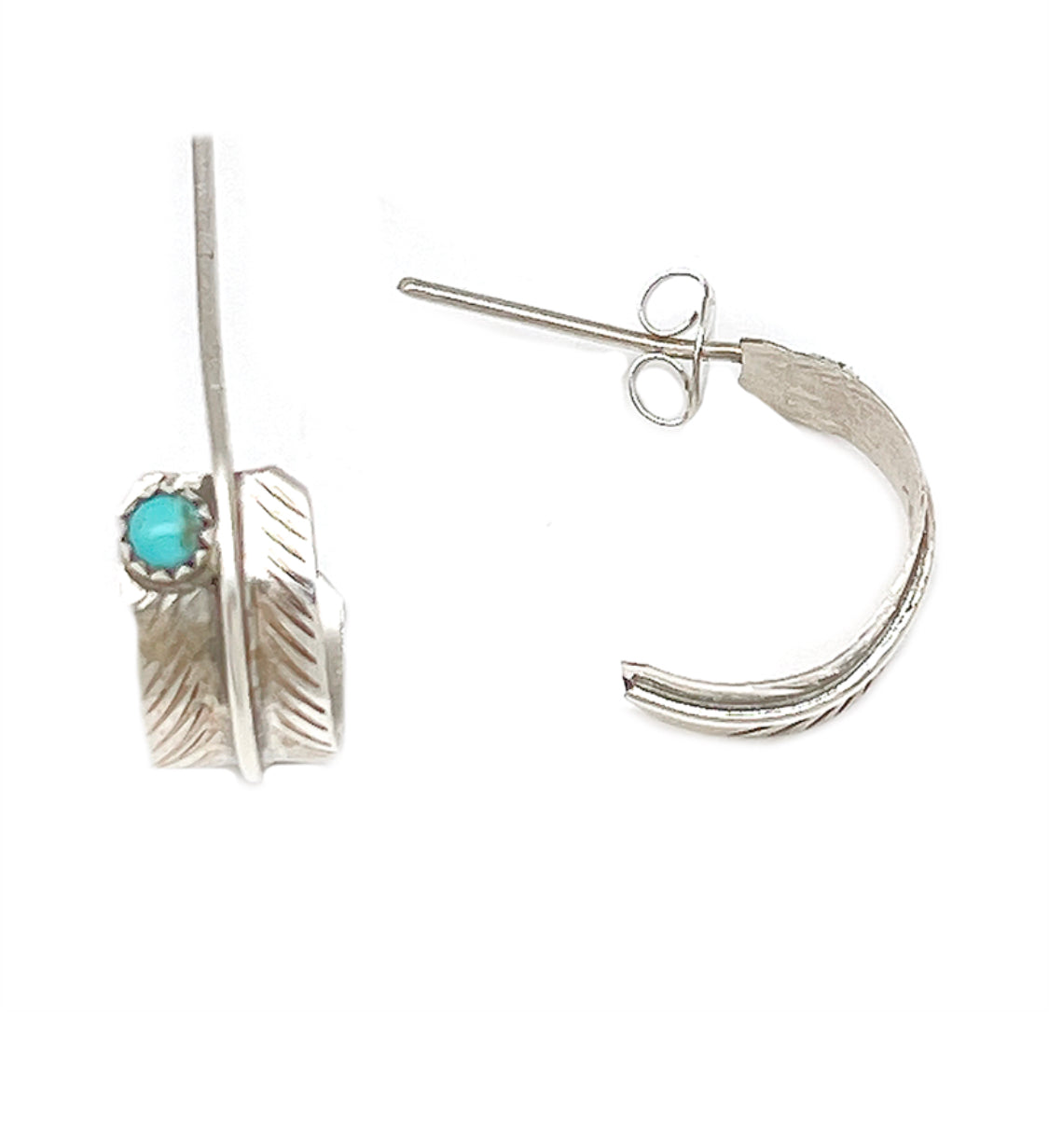 Sterling Silver Feather Hoop Turquoise Earrings LU
