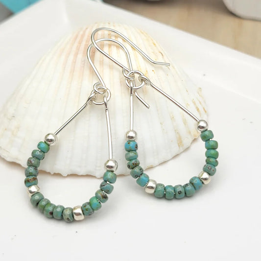 Sterling Silver Hoop W/Turquoise Beads Earrings LU