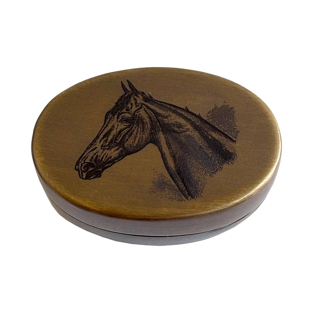 Horse Head Pill Box, Solid Antiqued Brass, 3"