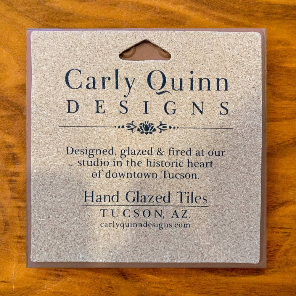 Hedgehog Cactus Desert Bloom Hand Glazed Fine Art Tile Trivet: Blue Background