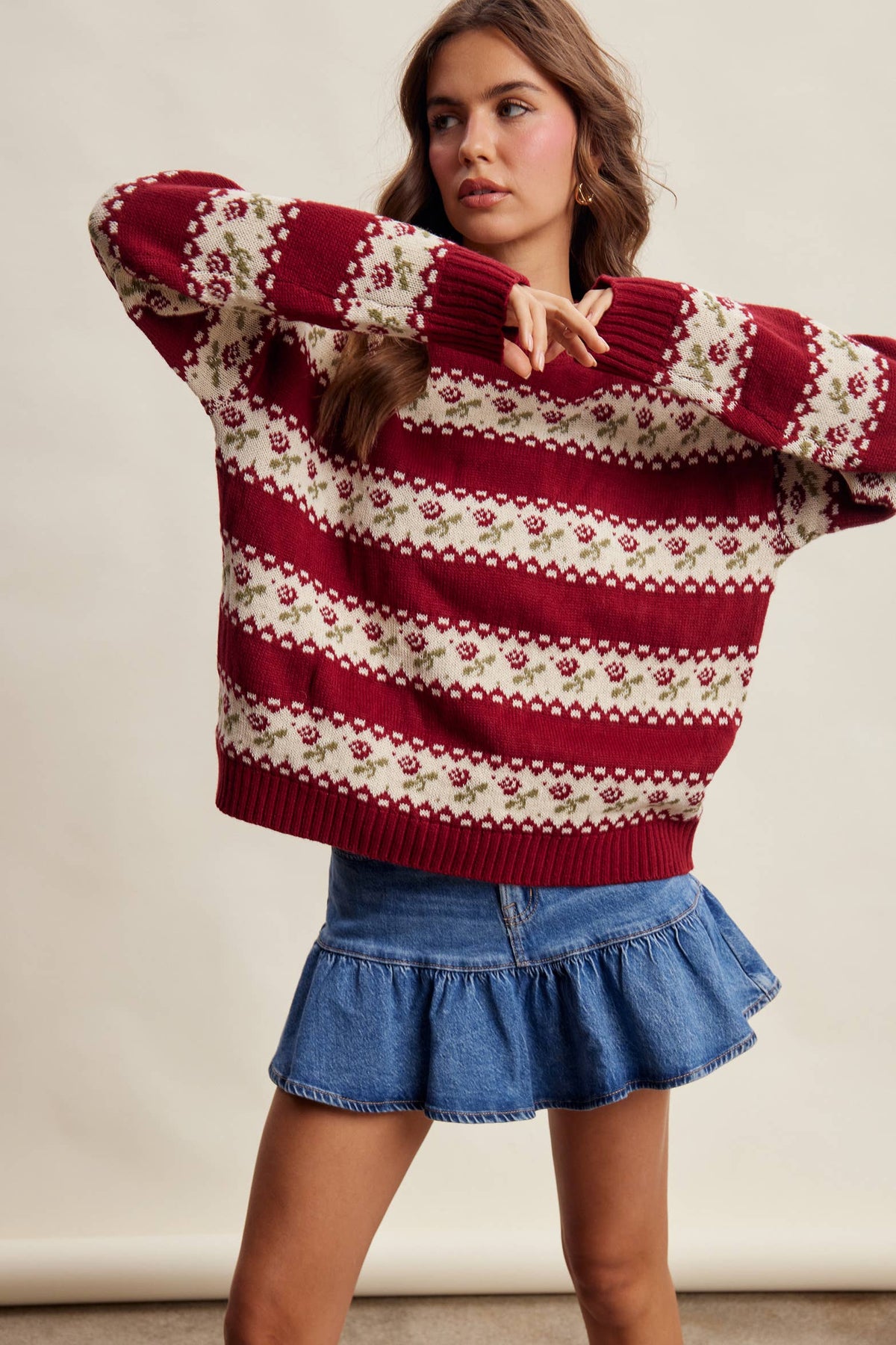 Floral Fair Isle Knit Sweater/Ruby