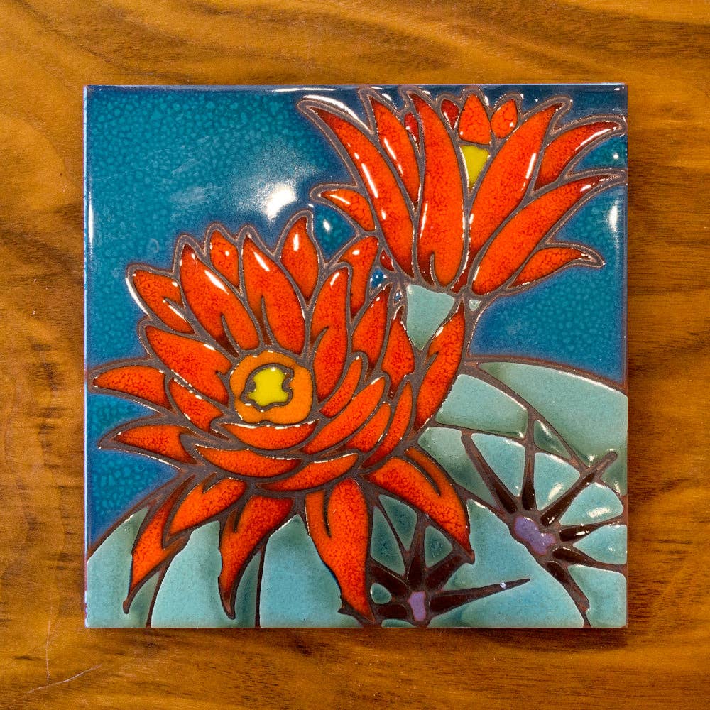 Hedgehog Cactus Desert Bloom Hand Glazed Fine Art Tile Trivet: Blue Background