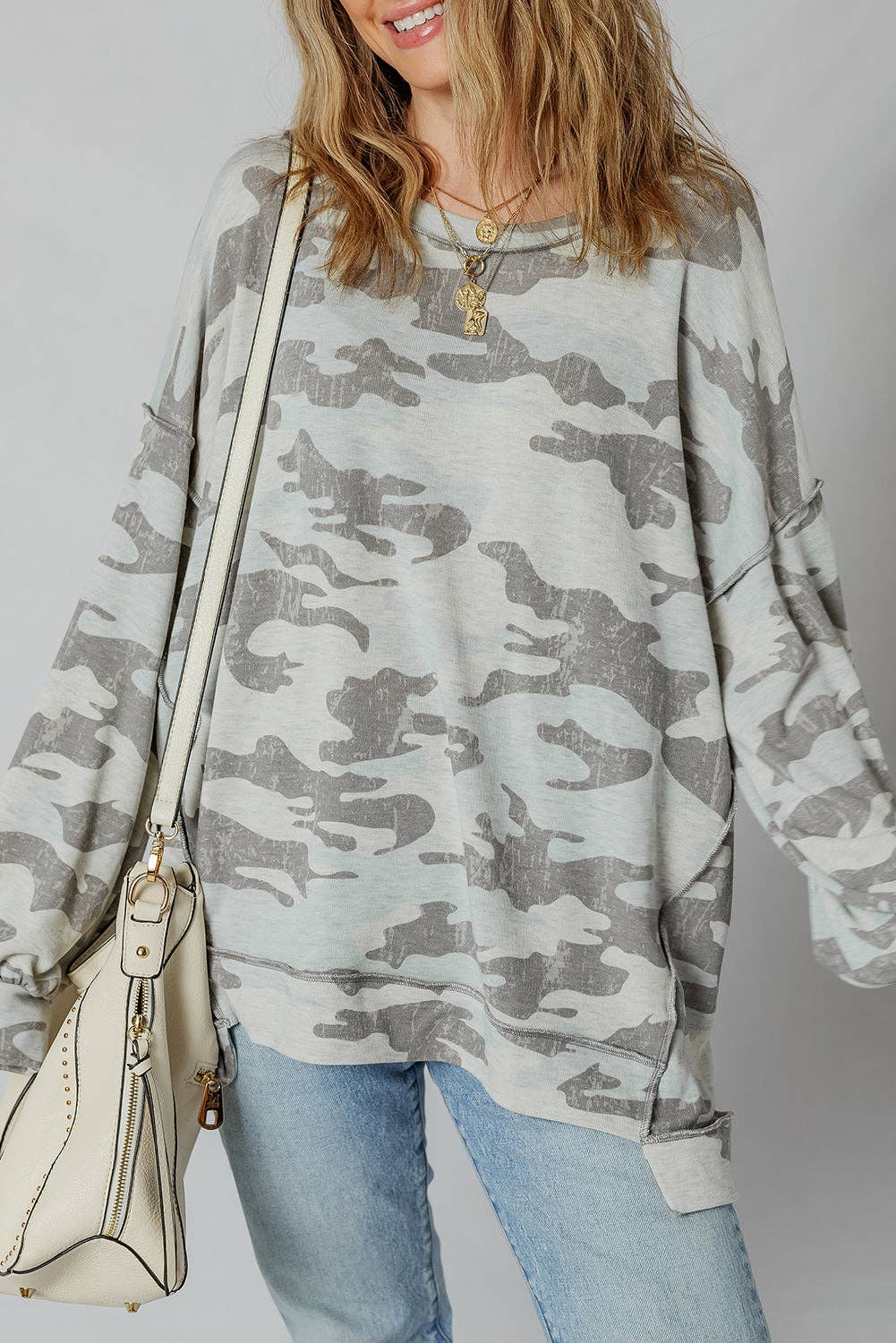 Retro Camouflage Exposed Seam Sweatshirt: Multicolor