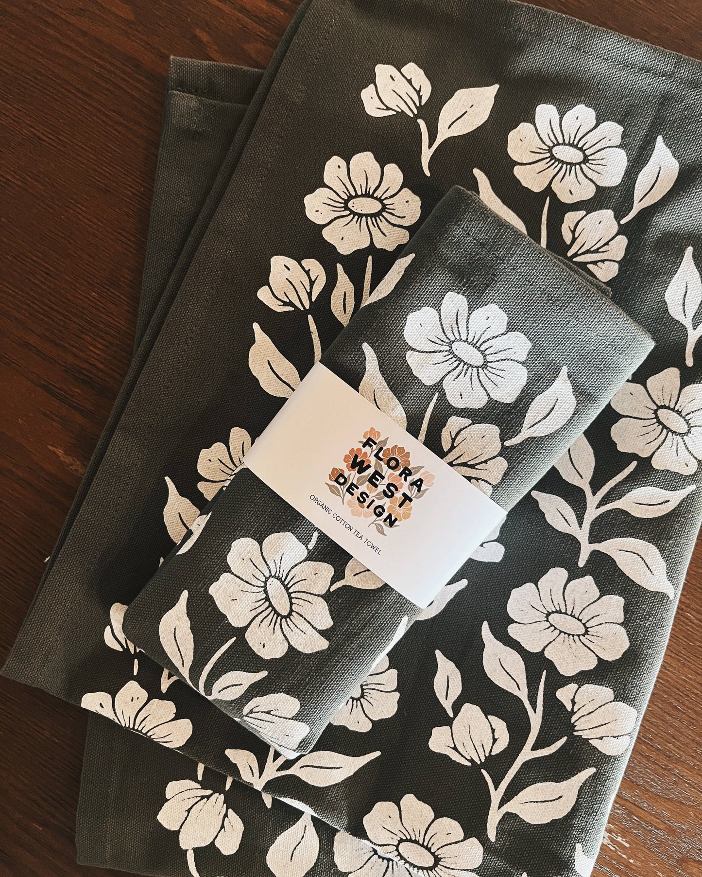 Organic Cotton Tea Towel Floral on Olive