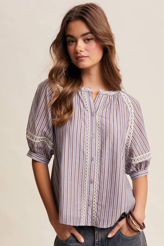Striped Blouse with Embroidery Accents Midnight Haze Haze