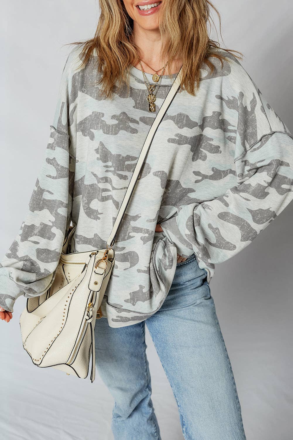 Retro Camouflage Exposed Seam Sweatshirt: Multicolor