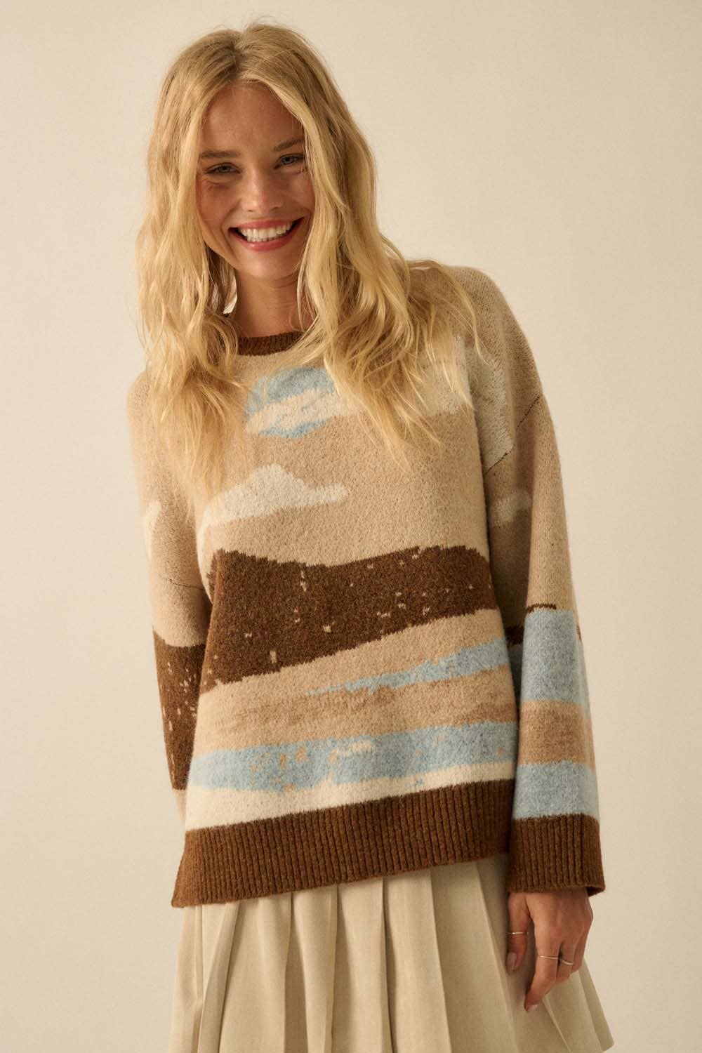 Beach Landscape Jacquard-Knit Sweater: Blue LU