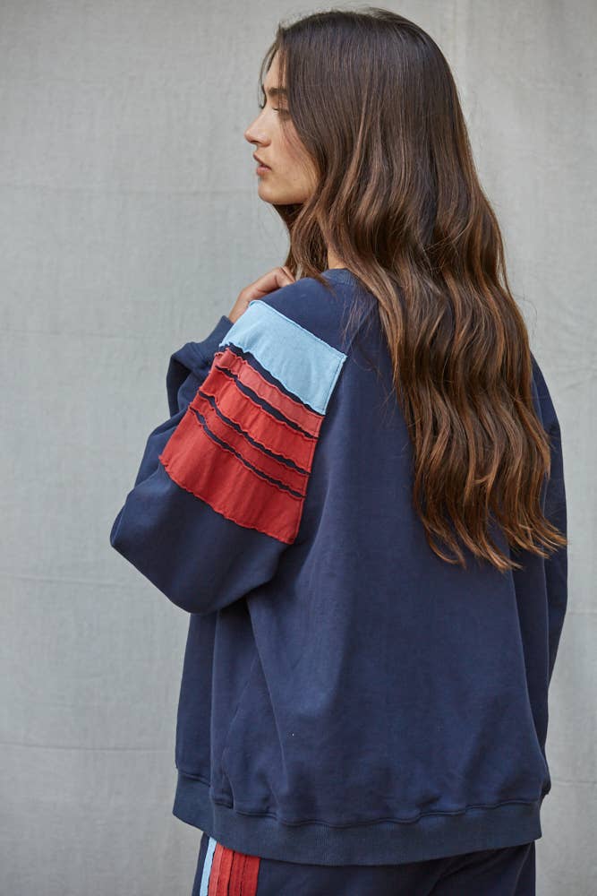 Knit Cotton Crew Multi Color Stripe Detail Top: Navy