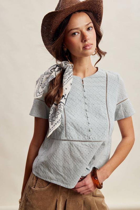 Eyelet Button-Front Short Sleeve Blouse/Light Blue
