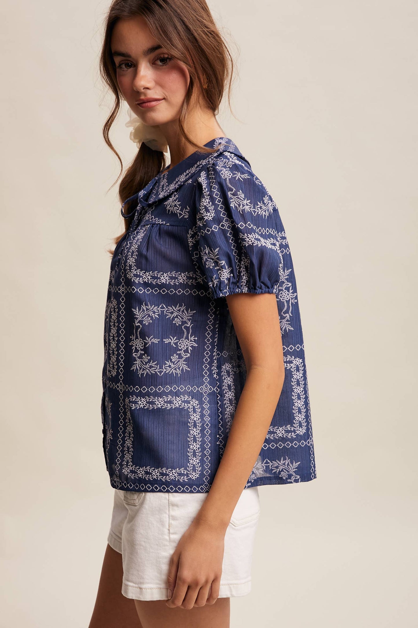 Embroidered Eyelet Puff Sleeve Blouse Navy