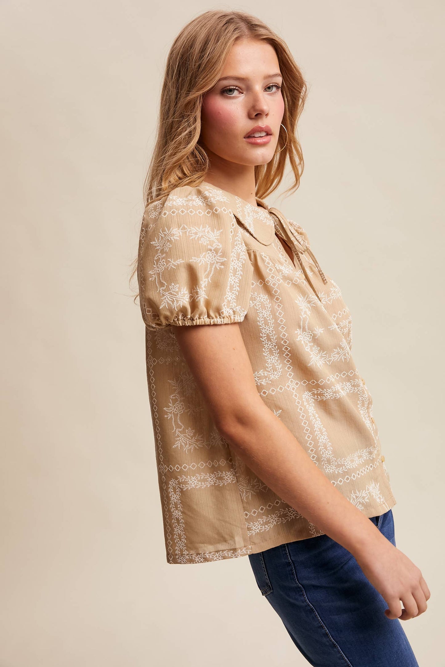 Embroidered Eyelet Puff Sleeve Blouse Navy