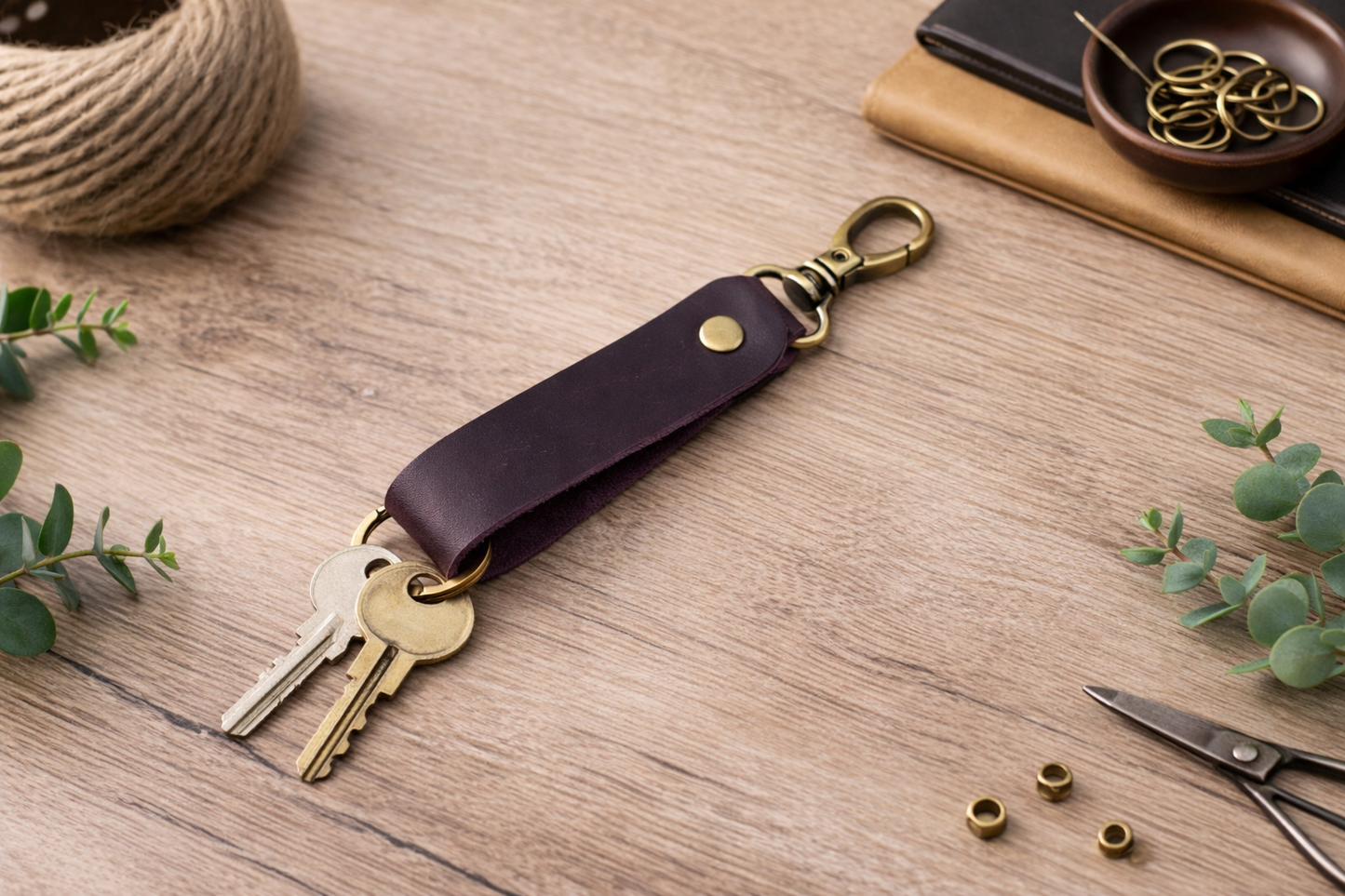 Genuine Leather Keychain, Keychain RIng, Handmade Key Tag: Green