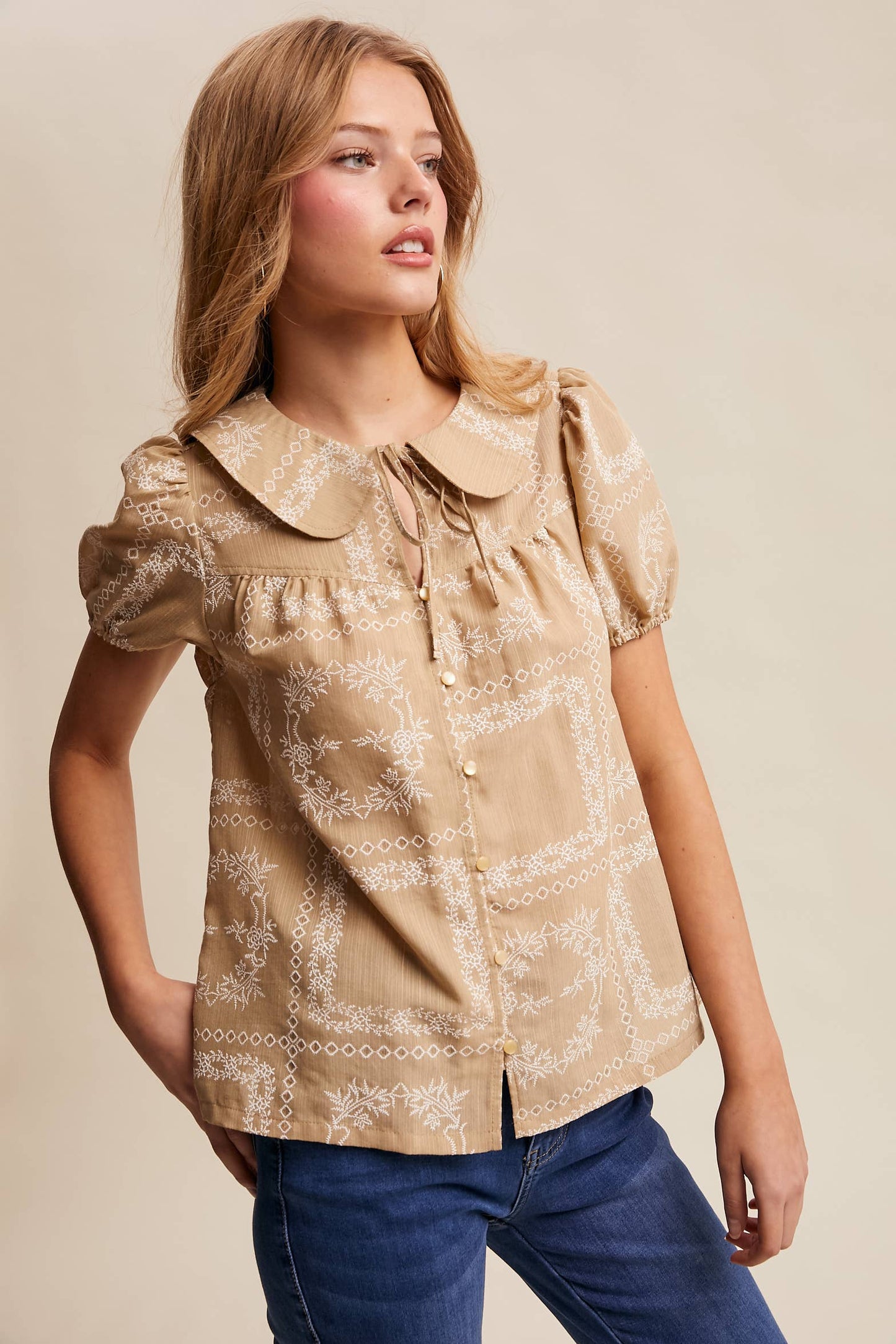 Embroidered Eyelet Puff Sleeve Blouse Navy