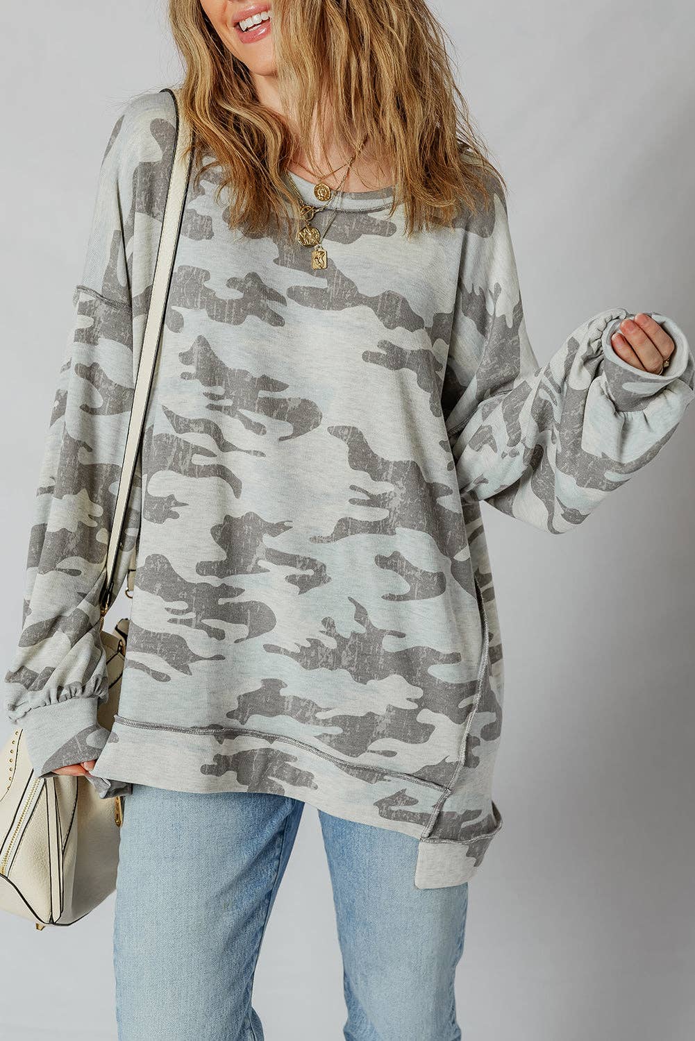 Retro Camouflage Exposed Seam Sweatshirt: Multicolor