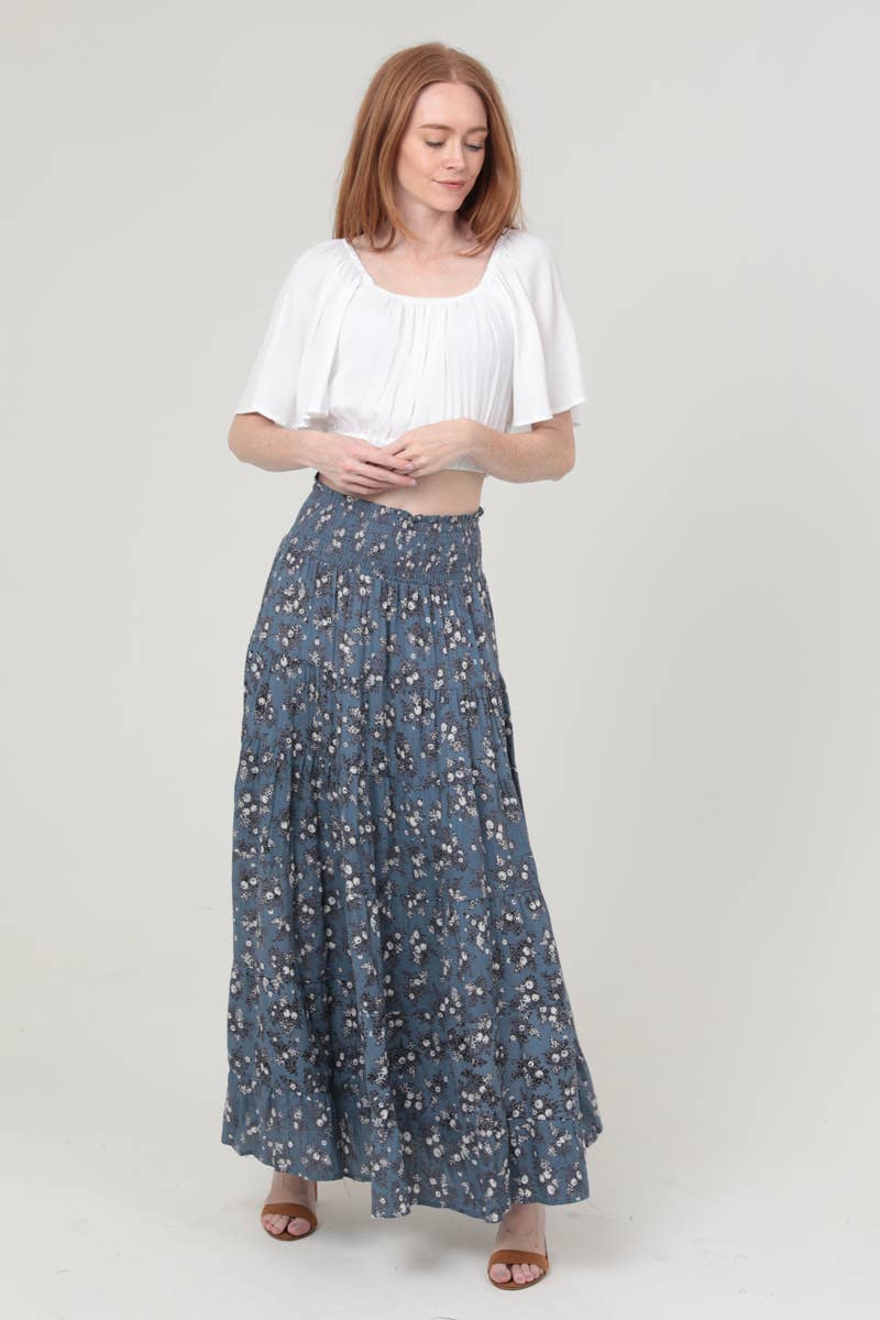 Ditsy Print Smocked Waist Tiered Maxi Skirt: Blue