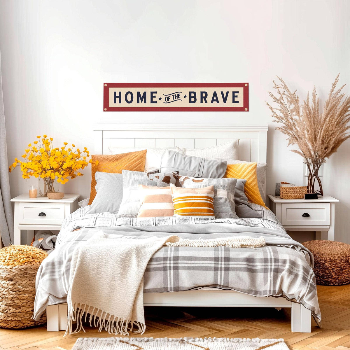 Home of the Brave Felt Banner : Blue Border Red Text