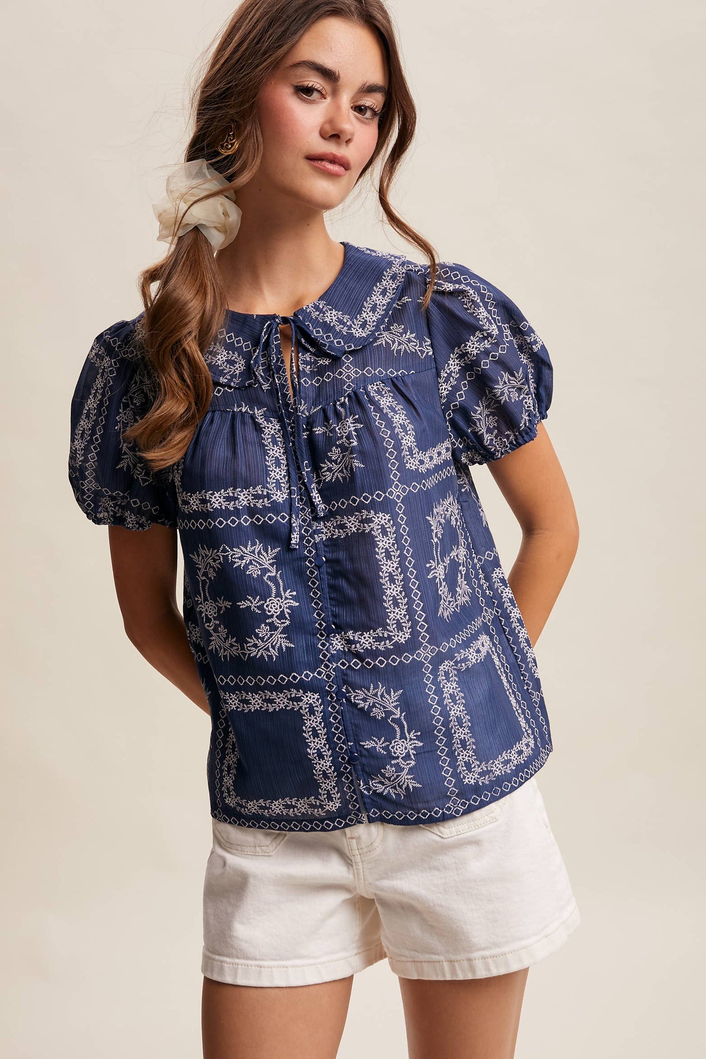 Embroidered Eyelet Puff Sleeve Blouse Navy