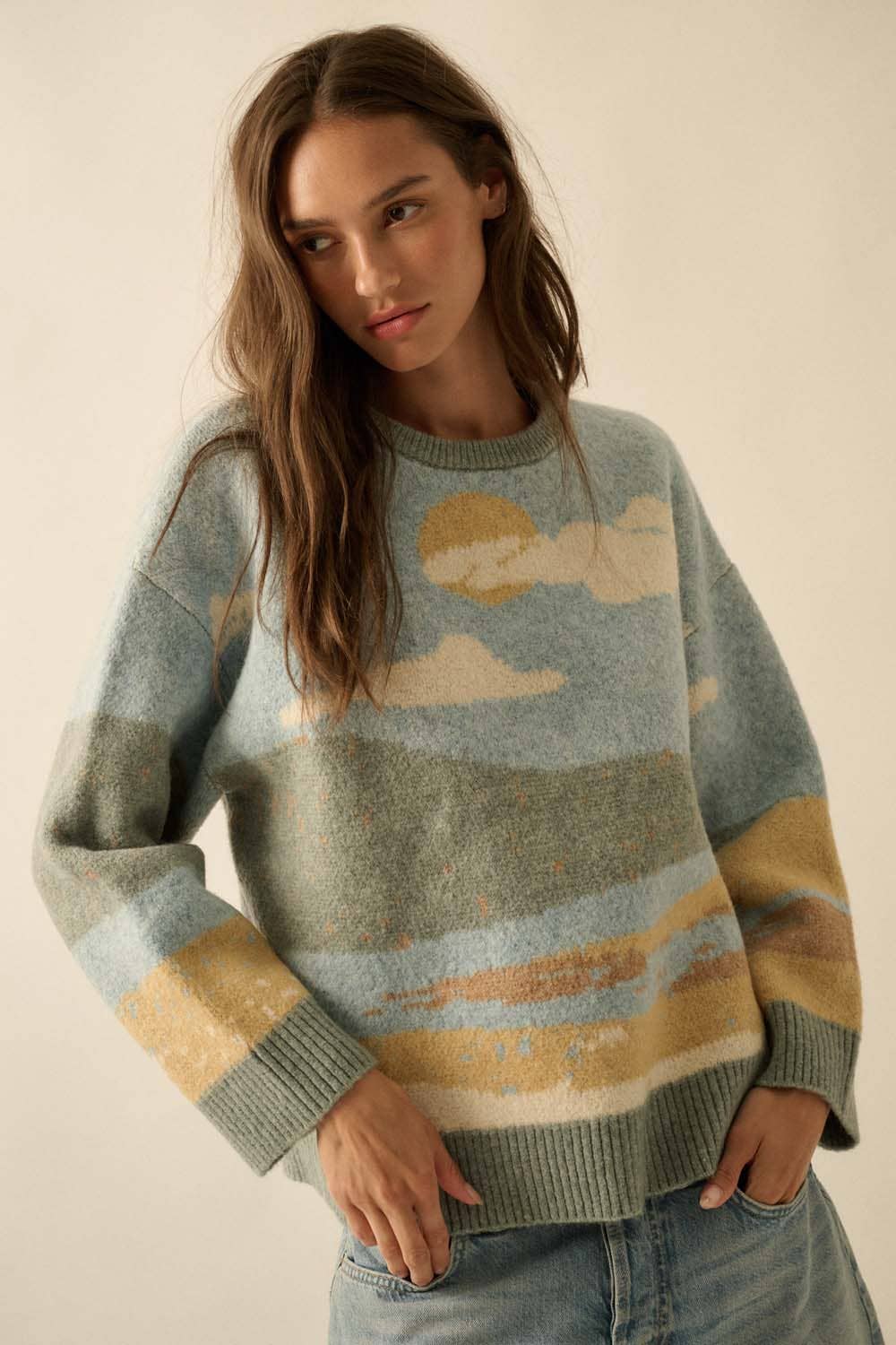 Beach Landscape Jacquard-Knit Sweater: Blue LU