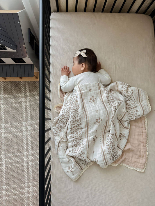 Lettie Floral 6 Layer Gauze Blanket: Lace border