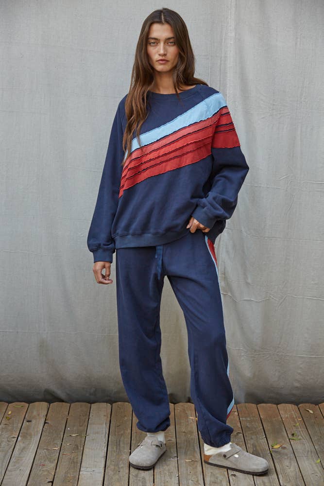 Knit Cotton Crew Multi Color Stripe Detail Top: Navy