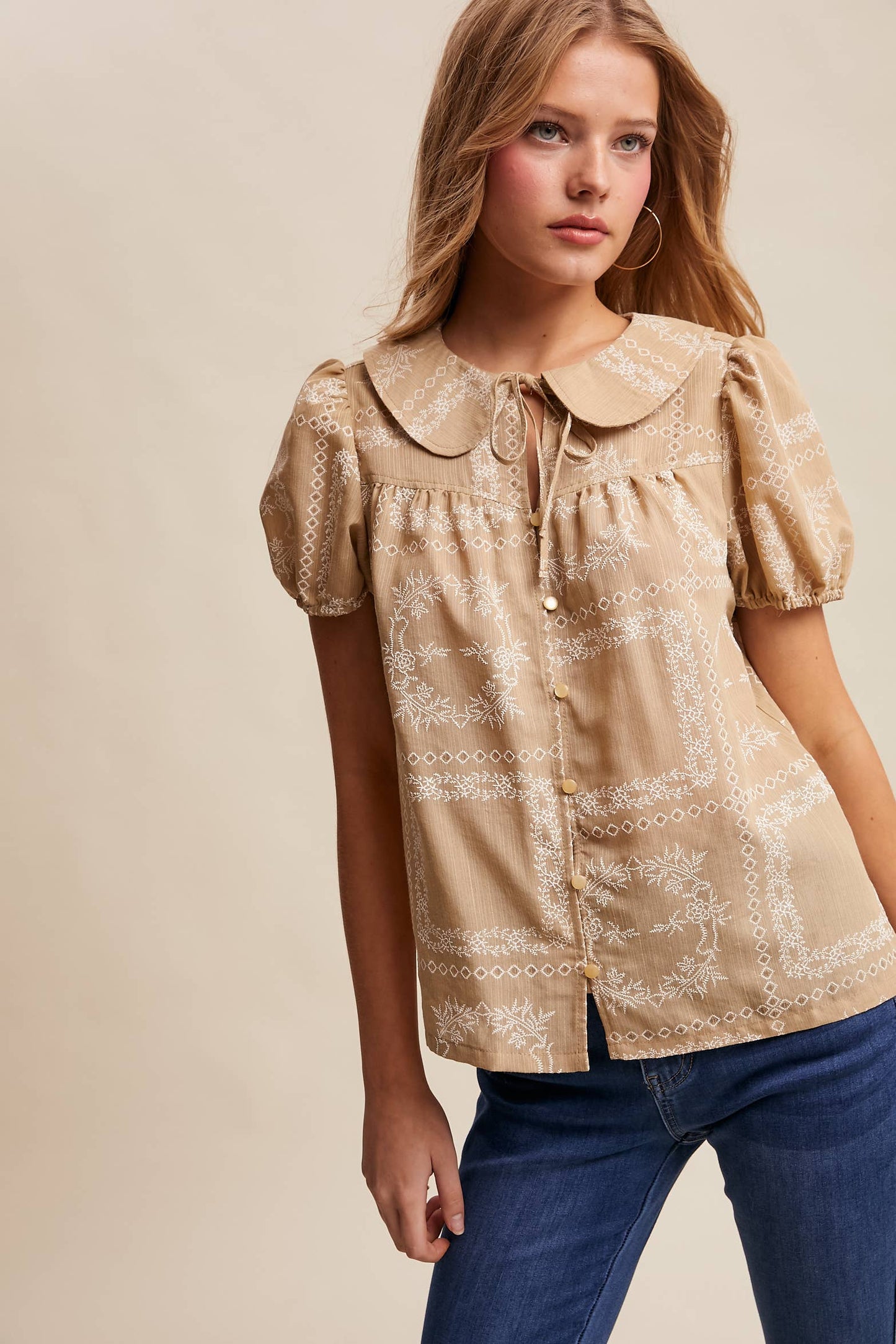 Embroidered Eyelet Puff Sleeve Blouse Navy