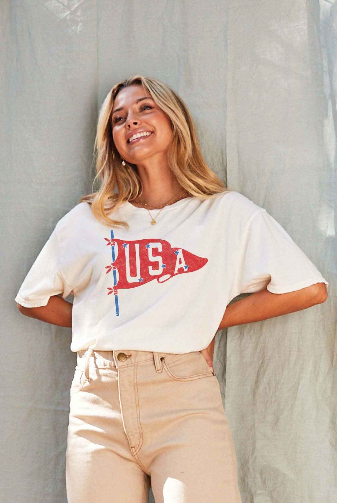 USA PENNANT Mineral Washed Graphic Top: CREAM