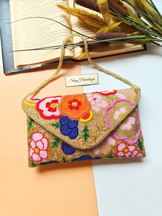 Gold Floral Beaded Clutch Handmade Evening Crossbody Bag-LU