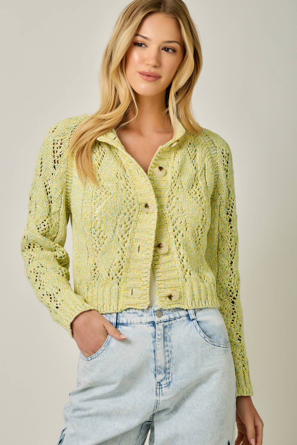 Multicolor Cable Knit Cardigan: Yellow HP
