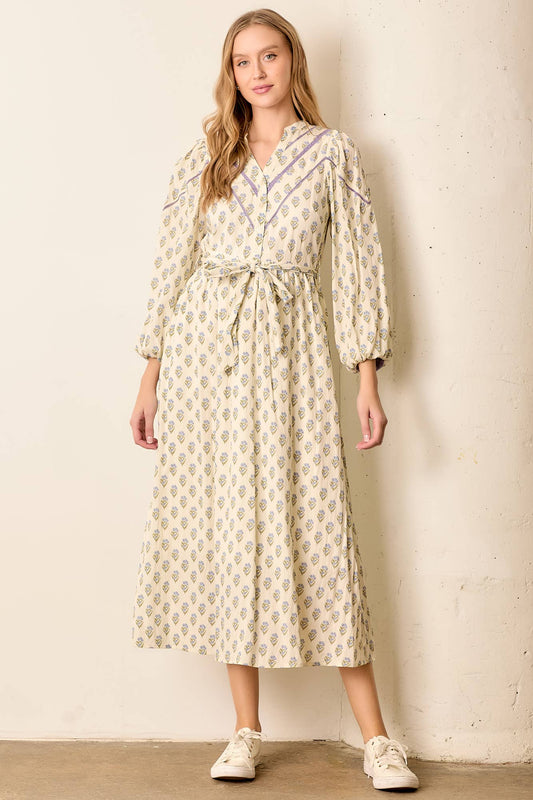 PRINTED LACE TRIM V-NECK BUTTON UP MAXI DRESS: BLUE MULTI LU