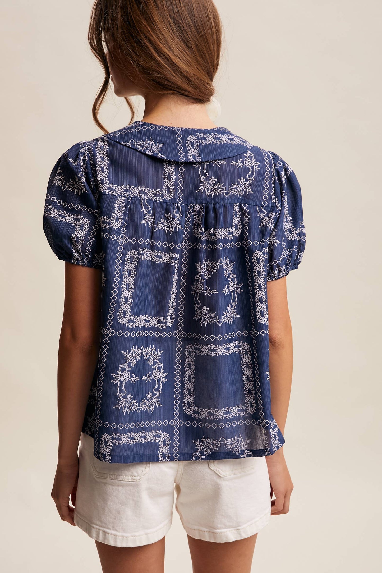 Embroidered Eyelet Puff Sleeve Blouse Navy