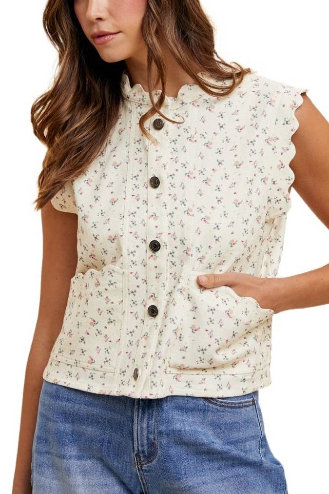 Ditsy Print Scallop Edge Detailed Denim Crop Vest: IVORY