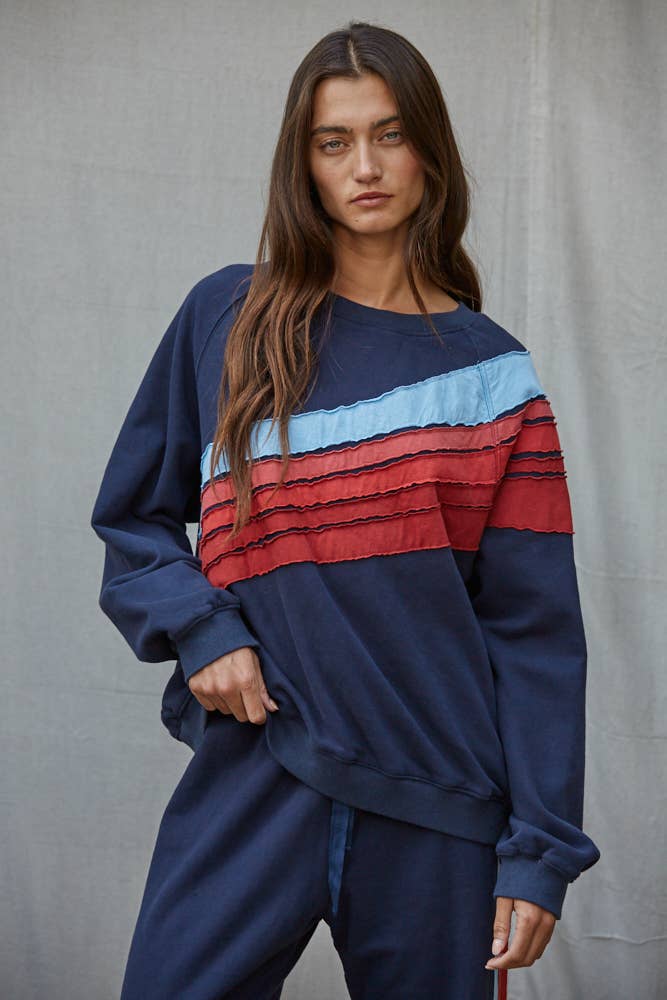 Knit Cotton Crew Multi Color Stripe Detail Top: Navy