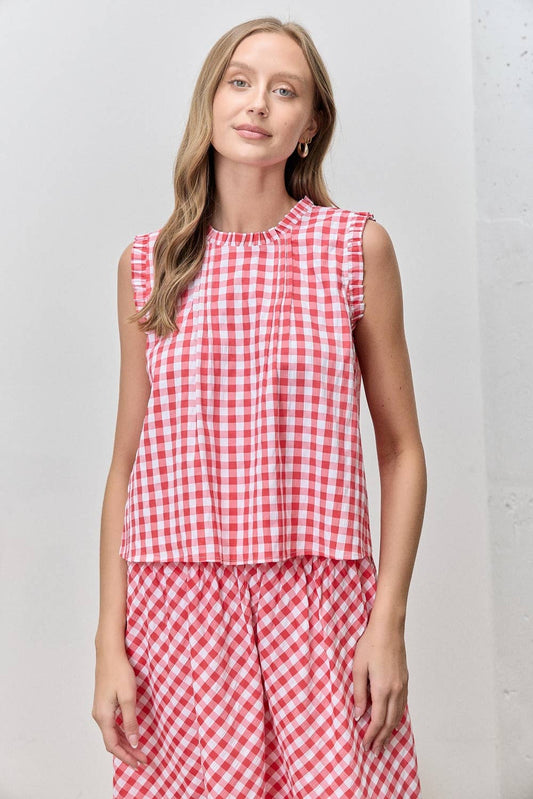 GINGHAM PRINT PINTUCK DETAIL TOP: RED/IVORY